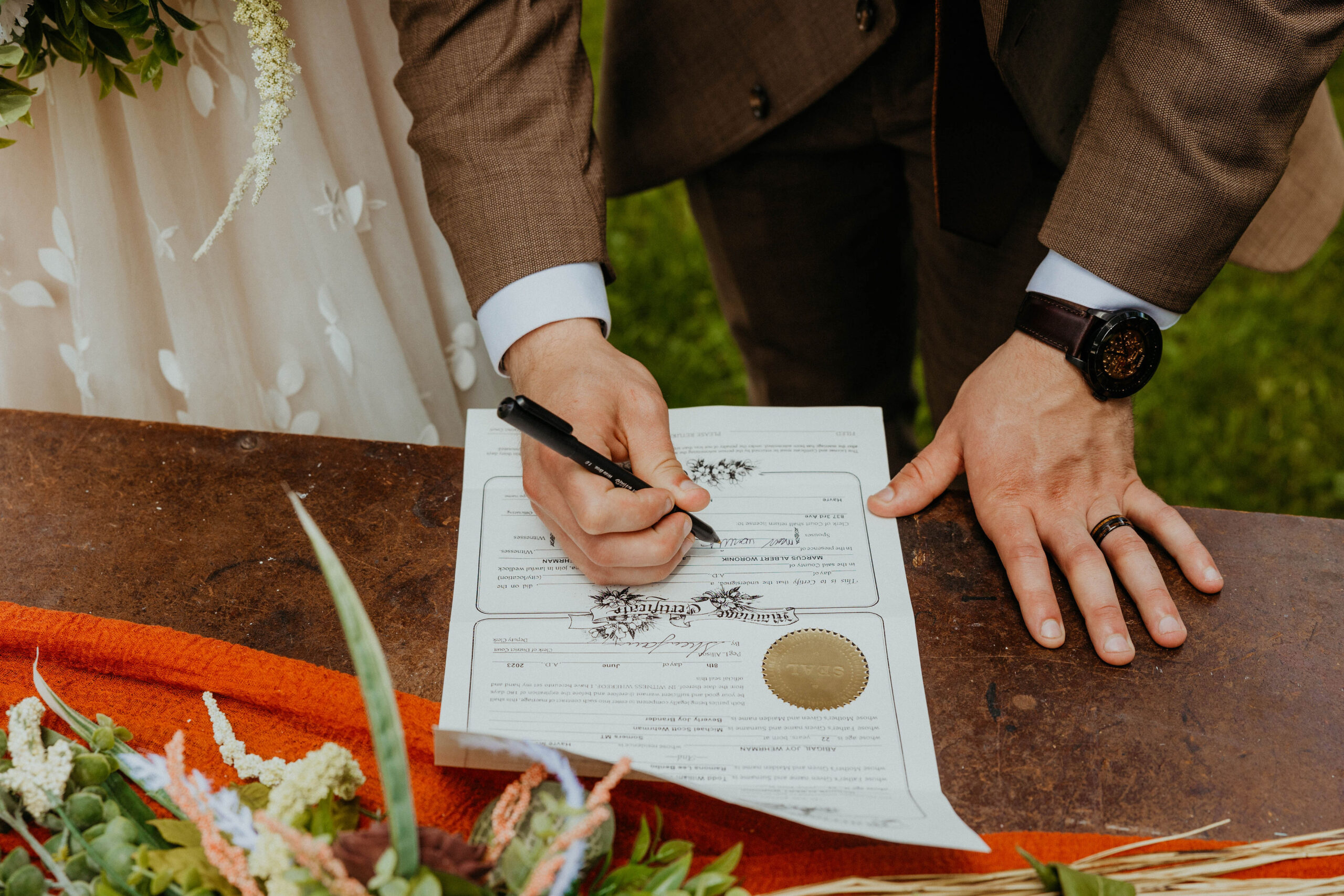 Groom signing marriage license.